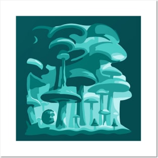 Psychedelic Teal Mushroom World Posters and Art